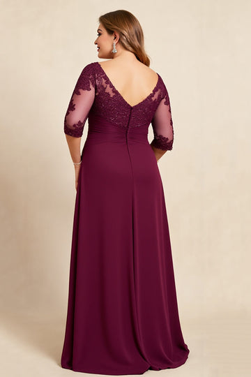 Burgundy V-Neck Chiffon Ruffled Long Plus Size Mother of the Bride Dress with Lace